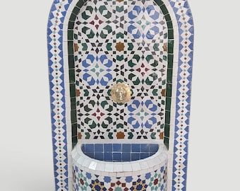 Moroccan Arch Mosaic Wall Fountain with Wheels, Handmade Zellige Water Feature, Custom Blue Green Garden Fountain, Patio Courtyard Decor