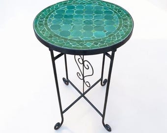 Green Rustic Handmade Moroccan Mosaic Table – Colorful Zellij Round Patio and Garden Table , Side Table Art, Outdoor Coffee
