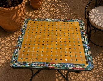 Moroccan Mosaic Side Table Yellow Zellige Tile Table Handmade Patio Table Foldable Outdoor Garden Accent Table
