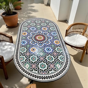Black Blue Handmade Moroccan Mosaic Table – Colorful Zellij Oval Table for Patio, Garden, Outdoor Dining, Coffee, Side Table, Balcony Decor