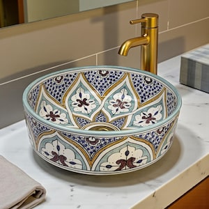 Moroccan Ceramic Sink – Hand Painted Star and Floral Pattern, Green Burgundy Blue Round Vessel Basin, Artisan Vanity Bowl Handmade