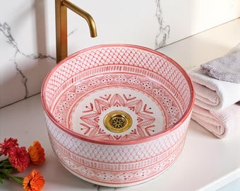 Modern Ceramic sink: Pink ceramic sink, Moroccan Hand Painted Sink, Handmade Sink, ceramic painted sink, round ceramic sink