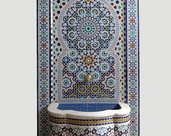 Customizable Rustic Mosaic Wall Fountain: Mid-Century Indoor/Outdoor Water Feature for Your Garden or Patio