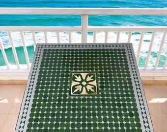 Mesa de mosaico marroquino feita à mão – Mesa quadrada Zellij verde e colorida para pátio e jardim, mesa de centro externa, mesa lateral de arte.