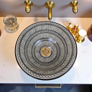 Modern Ceramic sink: Black And White Ceramic Sink, Hand Painted Sink, Handmade Sink, Ceramic Painted Sink, Round Ceramic Sink, Moroccan Sink
