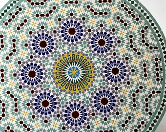 Green Blue Rustic Handmade Moroccan Mosaic Table – Colorful Zellij Round Patio and Garden Table , Outdoor Coffee, Side Table Art
