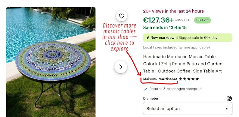 May include: A round table featuring a colorful mosaic tile top with a geometric pattern in shades of blue, green, and yellow. The table is supported by a black metal frame with four thin, curved legs that meet at a central point near the base.