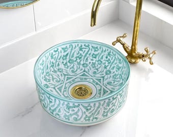 Modern Ceramic sink: Blue Ceramic Sink, Hand Painted Sink, Handmade Sink, Ceramic Painted Sink, Round Ceramic Sink, Moroccan Sink
