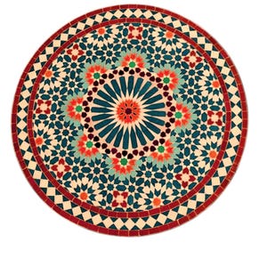 Könnte beinhalten: Ein runder Mosaiktisch mit einem komplexen geometrischen Muster. Das Design zeigt türkisfarbene, orangefarbene, rote und cremefarbene Fliesen, die in einem symmetrischen Muster angeordnet sind. Der äußere Rand hat ein rotes und cremefarbenes Rautenmuster.