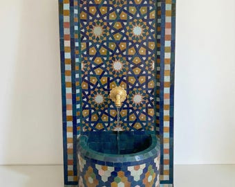 Customizable Moroccan Wall Fountain | Handmade Multicolor Zellige Mosaic Fountain | Brass Faucet | Indoor Outdoor Water Feature