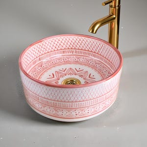 Lavabo de cerámica moderno: Lavabo de cerámica rosa, Lavabo marroquí pintado a mano, Lavabo hecho a mano, Lavabo de cerámica pintado, Lavabo de cerámica redondo