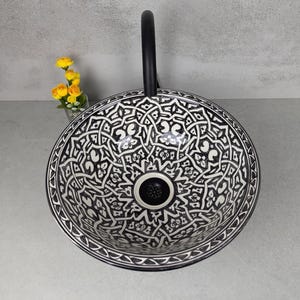 Modern Ceramic sink: White and black sink, Hand Painted Sink, Handmade Sink, ceramic painted sink, round ceramic sink, Moroccan sink