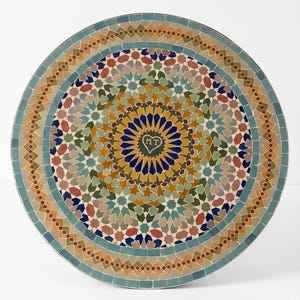 Handmade Moroccan Mosaic Table, Turquoise Blue Sage Green & Terracotta Patio Table, Round Outdoor Tile Table with Foldable Iron Legs