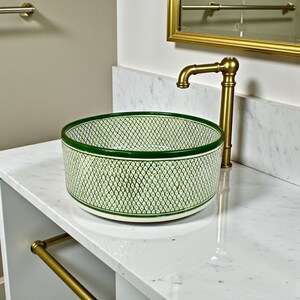 Green Moroccan Ceramic Vessel Sink – Handmade Artisan Washbasin with Geometric Pattern