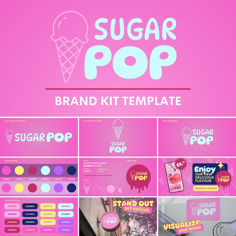 Puede incluir: Una plantilla de kit de marca rosa y azul para una empresa llamada "Sugar Pop" con un logotipo de cono de helado. La plantilla incluye paletas de colores, variaciones de logotipo y ejemplos de c&oacute;mo se puede usar el logotipo en la se&ntilde;alizaci&oacute;n, el empaque y las redes sociales.