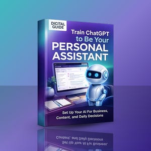 May include: A book cover with a purple and blue gradient background. The title reads "Train ChatGPT to Be Your Personal Assistant." An illustration of a robot and a computer screen is featured. The book's subtitle is "Set Up Your AI For Business, Content, and Daily Decisions."