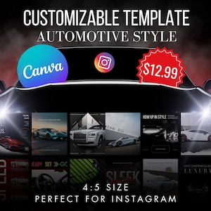May include: A customizable automotive style Instagram template for Canva. The template features a black car with a red starburst graphic and the text "$12.99". The template is 4:5 size and perfect for Instagram.