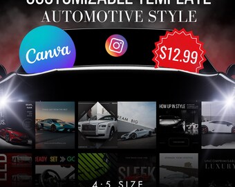 Publicaciones de Instagram prediseñadas con temática automotriz oscura y moderna para el nicho de automóviles, tamaño de cuadrícula 4:5