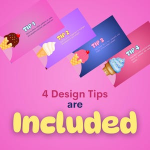 Puede incluir: Cuatro consejos de dise&ntilde;o coloridos se incluyen en esta imagen. Cada consejo se muestra en una tarjeta con una ilustraci&oacute;n de un cono de helado. Los consejos son: Ap&eacute;gate a estos patrones de color para que tus gr&aacute;ficos y texto realmente destaquen. Usa las sugerencias de color para resaltar los elementos clave de tu dise&ntilde;o. La fuente es divertida, colorida y brillante, as&iacute; que intenta mantenerla juguetona. Ten en cuenta estas combinaciones de colores y fuentes para lograr los mejores resultados.
