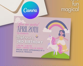 Plantilla de Canva para tarjeta de invitación de cumpleaños con temática de princesa
