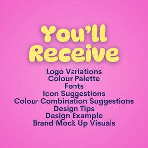 Puede incluir: Un fondo rosa con texto amarillo que dice "You'll Receive". Debajo del texto hay una lista de elementos de dise&ntilde;o que se incluir&aacute;n en un paquete de marca: Variaciones de logotipo, Paleta de colores, Fuentes, Sugerencias de iconos, Sugerencias de combinaci&oacute;n de colores, Consejos de dise&ntilde;o, Ejemplo de dise&ntilde;o y Visuales de maqueta de marca.