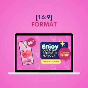 Puede incluir: Una pantalla de port&aacute;til que muestra un anuncio rosa y azul para un nuevo sabor de helado llamado "Dragon-Flamingo". El anuncio presenta un cono de helado rosa con una cuchara y una etiqueta de precio de 5,99 &euro;. El texto "Disfruta de nuestro nuevo sabor delicioso" se muestra en un cuadro azul con un contorno blanco. El anuncio se coloca sobre un fondo de conos de helado blancos.