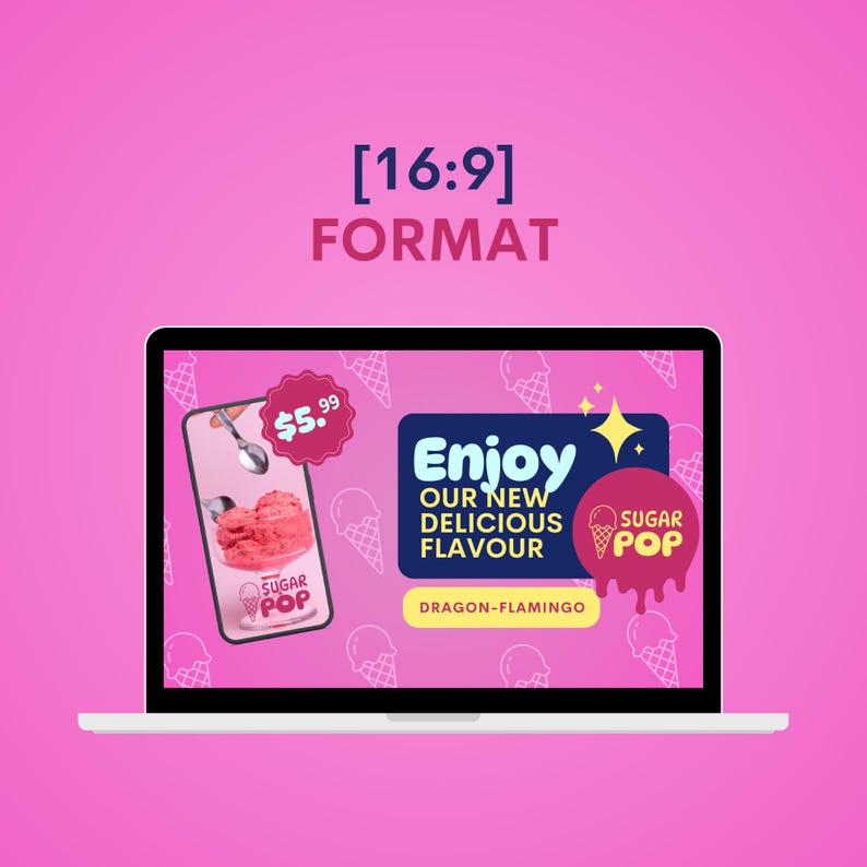 Puede incluir: Una pantalla de port&aacute;til que muestra un anuncio rosa y azul para un nuevo sabor de helado llamado "Dragon-Flamingo". El anuncio presenta un cono de helado rosa con una cuchara y una etiqueta de precio de 5,99 &euro;. El texto "Disfruta de nuestro nuevo sabor delicioso" se muestra en un cuadro azul con un contorno blanco. El anuncio se coloca sobre un fondo de conos de helado blancos.
