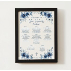 Seating chart & table numbers - baptism, communion, boy, girl, blue floral, DIGITAL DOWNLOAD ONLY