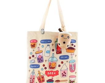 Boba Tote Bag Canvas Shoulder Handbag Includes Keychain And Pin Everyday Reusable Shopping Carrier
