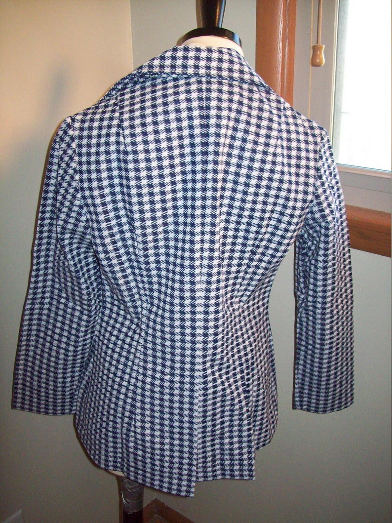 Vintage 60s 70s Navy Blue White Houndstooth Blazer Suit Jacket Top Retro Preppy Office Coat Hipster Chic Marcia Brady Bunch Leisure Suit