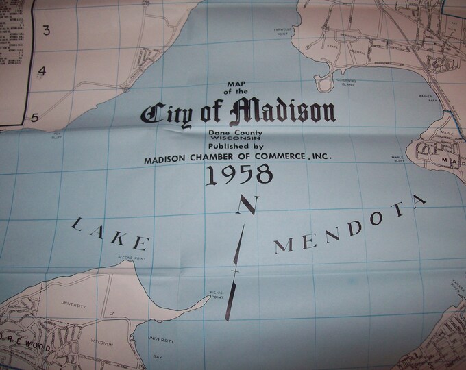 Original Vintage 1958 City of Madison Wisconsin Street Map / WI Folded