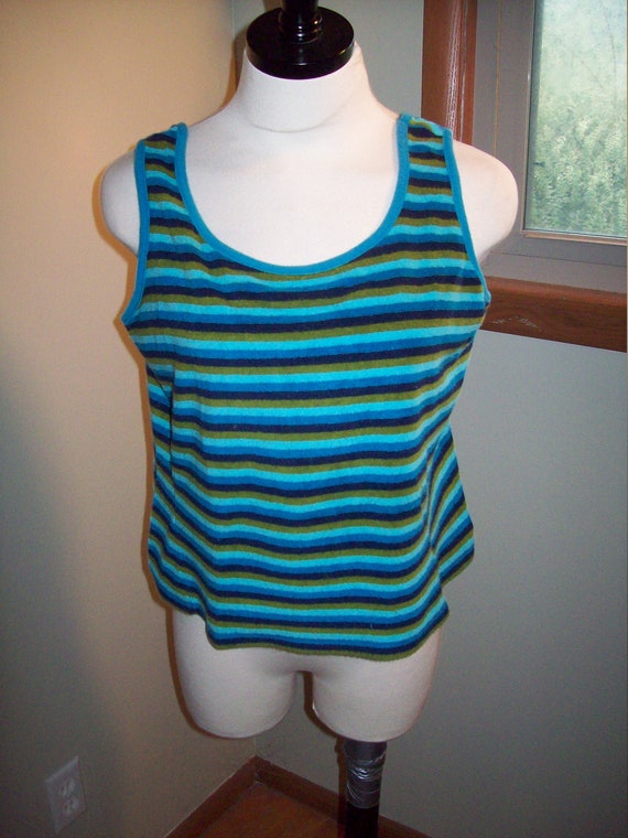 Original Vintage 50s 60s Blue Green Striped Sleeve