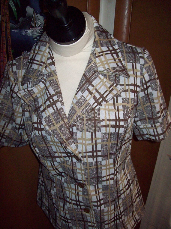 Original Vintage 60s 70s Brown Checkerboard Jacke… - image 2