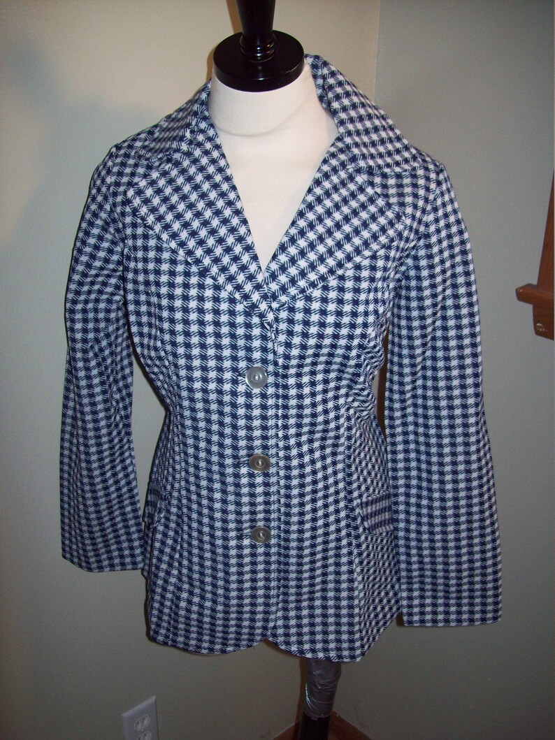 Vintage 60s 70s Navy Blue White Houndstooth Blazer Suit Jacket Top Retro Preppy Office Coat Hipster Chic Marcia Brady Bunch Leisure Suit
