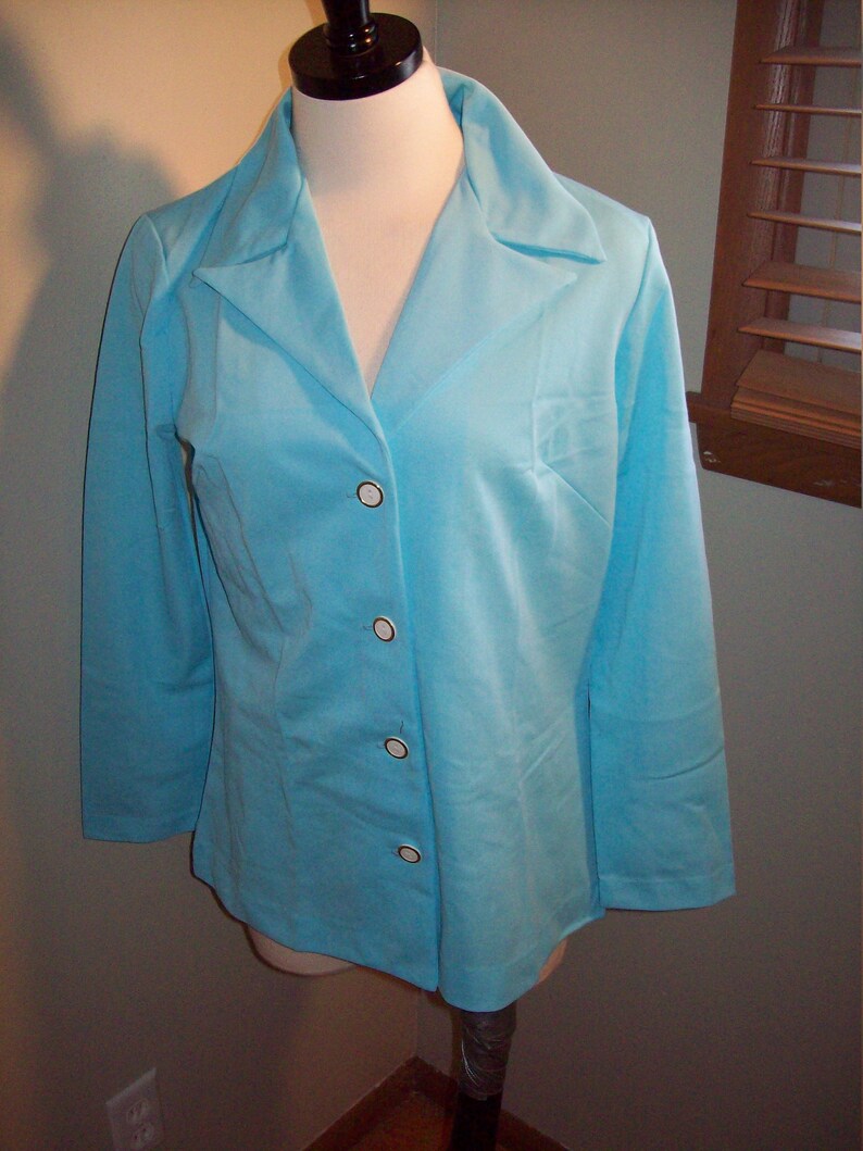 Vintage 60s 70s Robins Egg Pastel Blue 2 Piece Jacket Pant Womens Suit Groovy Retro Marcia Brady Bunch Outfit Leisure Suit Size 14