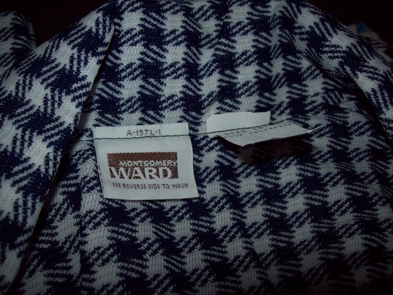Vintage 60s 70s Navy Blue White Houndstooth Blazer Suit Jacket Top Retro Preppy Office Coat Hipster Chic Marcia Brady Bunch Leisure Suit