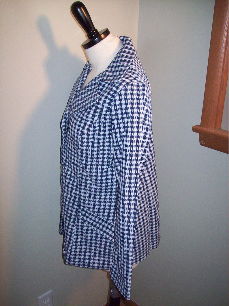 Vintage 60s 70s Navy Blue White Houndstooth Blazer Suit Jacket Top Retro Preppy Office Coat Hipster Chic Marcia Brady Bunch Leisure Suit