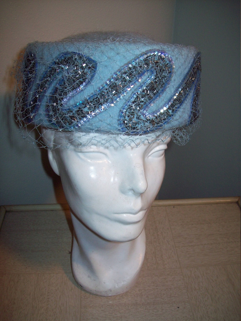 Vintage 50s 60s Powder Blue Pill Box Hat Amazing Sequin Bead Accent Mod Rockabilly Pin Up Burlesque Costume Mad Men Party Jackie O