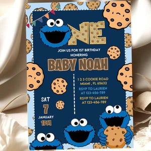 May include: A blue and brown birthday invitation featuring the Cookie Monster character. The invitation reads "ONE" in gold letters, and includes the text "Join us for 1st Birthday Honoring Baby Noah". The date is January 7th at 1 PM.