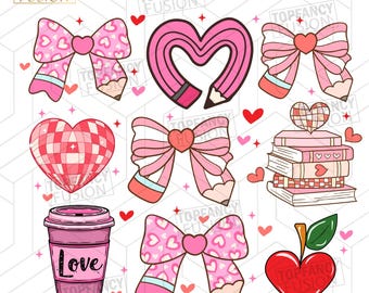 Teacher Valentine PNG: Coquette Bow, Retro Heart Design (Digital Download)
