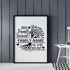 May include: Black and white printable sign with a tree design and the text "2025 Family Reunion FAMILY NAME our roots run deep our love runs deeper".