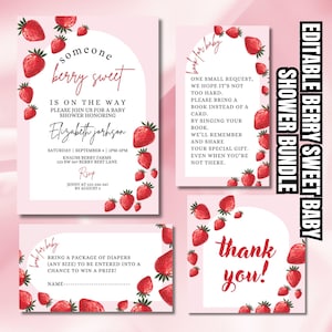 Editable Berry Sweet Baby Shower Bundle, Blush Berry Theme Invitation, Perfect Strawberry Baby Shower Invite for a Sweet Celebration