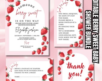 Berry Sweet Baby Shower Invitation Bundle: Blush Strawberry Theme (Editable)