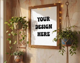 2:3 Wooden frame wall art mockup with hanging plants and LED lights PSD