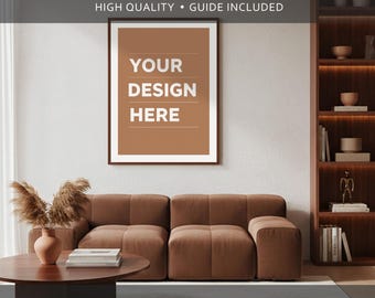 Wall Art Mockup PSD of Framed Poster Above Brown Sofa in Japandi Living Room