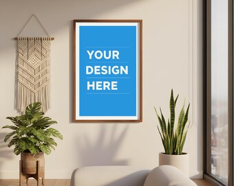 Vertical Wood Frame Mockup: Sunlit Boho Living Room (PSD & PNG)