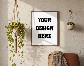 Wall art frame PSD mockup of sunlit living room with hanging plants