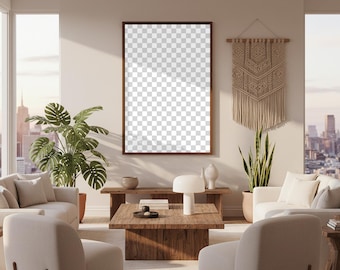 2x3 Wall Art Frame Mockup PSD: Sunlit Neutral Living Room with Plants