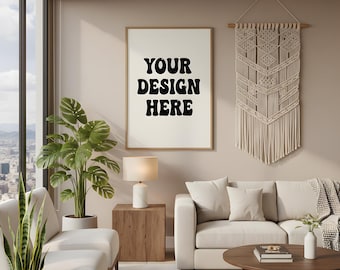 Framed poster mockup PSD in a boho neutral living room with macrame and houseplants