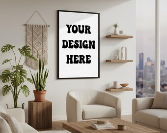Vertical Poster Frame Mockup of Modern Living Room with City View